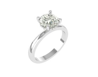 May include: A solitaire engagement ring with a large, round, clear diamond set in a four-prong setting. The band is a polished, shiny silver color. The ring is a classic design, perfect for a proposal.