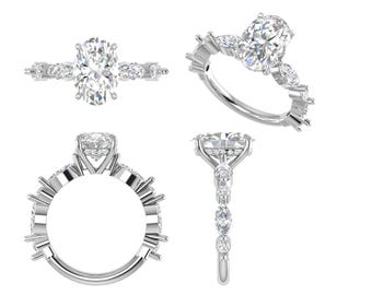 May include: A silver ring featuring an oval-cut central gemstone and smaller accent stones. The image presents the ring from various perspectives, showcasing the detailed design and the brilliance of the gems. The ring's band is also silver.
