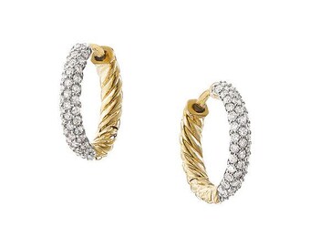 May include: A pair of gold hoop earrings. Half of each earring is encrusted with small, clear gemstones, while the other half has a twisted rope design. The earrings are set against a white background.