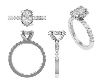 May include: A silver ring featuring a central oval cluster of small, round diamonds. The band is also set with smaller diamonds. The image presents multiple views of the ring, including top, side, and front perspectives.