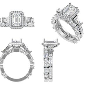 Puede incluir: Un juego de anillos de compromiso de diamantes con una piedra central de talla esmeralda con un halo de diamantes más pequeños. La banda está adornada con diamantes adicionales, creando un diseño brillante y elegante. El conjunto incluye una alianza a juego.