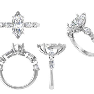 Puede incluir: Un anillo de compromiso con diamante talla marquesa y banda de oro blanco. El anillo presenta un gran diamante central y diamantes más pequeños en la banda y los lados. Se muestran múltiples vistas del anillo.