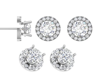 May include: A set of four silver-colored stud earrings. Each earring features a large, round, clear gemstone surrounded by a halo of smaller, clear gemstones. One earring is shown from the side, displaying the post.