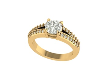 May include: A gold engagement ring with a large, round, clear gemstone at the center. The band is gold with small, clear gemstones set along the sides. The ring has a classic, elegant design.