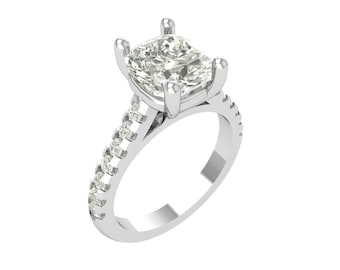 May include: A silver engagement ring with a large, square-cut diamond center stone. The band is adorned with smaller accent diamonds. The ring is set against a white background, highlighting its sparkle and design.