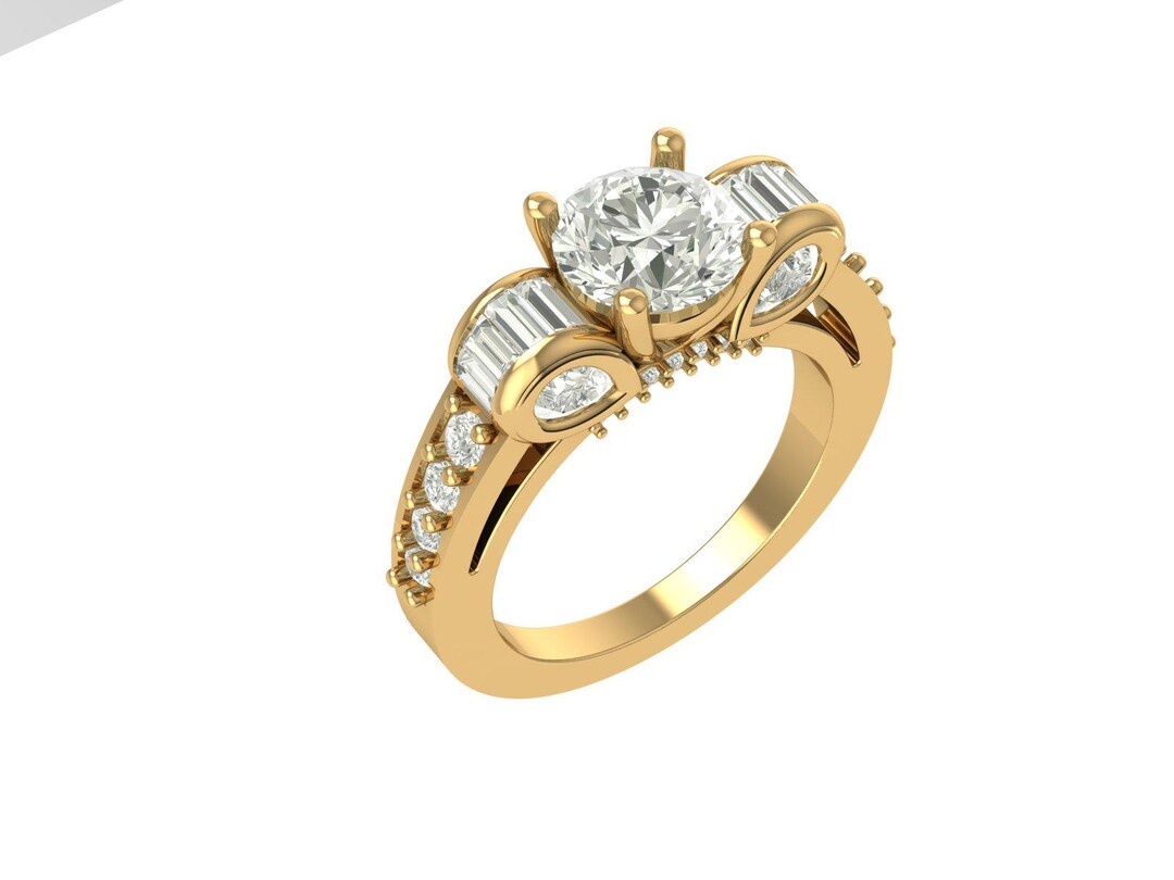 Gold Diamond Engagement Ring 3D CAD Model Baguette and Round Cut STL ...
