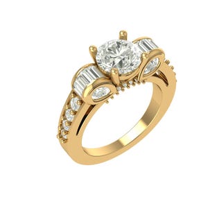 Förlovningsring med gulddiamant, 3D CAD-modell, baguette och rundslipning, STL/3DM-fil