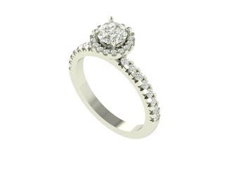 May include: A white gold engagement ring with a round, clear center stone surrounded by a halo of smaller stones. The band is also adorned with small, sparkling stones. The ring is set against a white background.