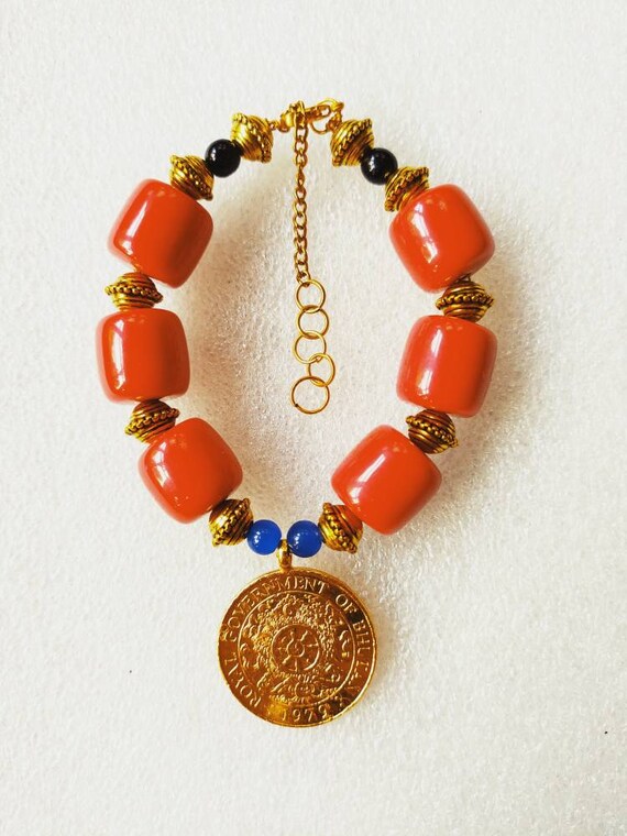 Bracelet of Bhutan with Bhutan's red beads and coin gold Etsy