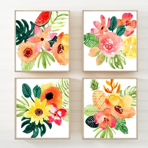 Tropical Flower Artwork - Tropical Watercolor Flower Prints - Canvas Tropical Bedroom Wall Decor - Tropical Bathroom Wall Art Set of 4