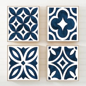 Mediterranean Wall Art - Navy Tile KITCHEN Prints - Canvas Navy Pattern Shapes Artwork - farmhouse kitchen Wall Decor Picture Set of 4