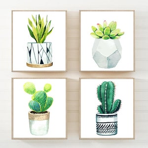 Cactus Pictures - Cactus Succulent pot Bathroom Art Prints - Frames or CanvasS - Plant Succulent Cactus Bedroom Wall Decor Pictures Set of 4