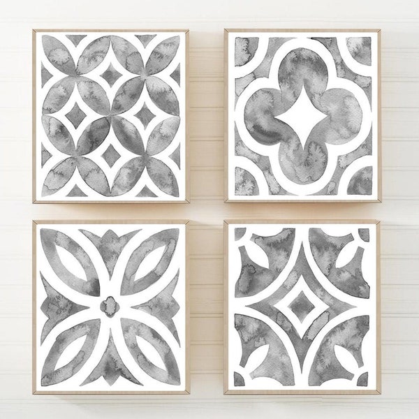 Gray Tile Wall Art - Mediterranean Pattern Tile Bathroom Art Prints - Canvas Gray Shape Artwork - Gray farmhouse Bathroom Decor Set of 4