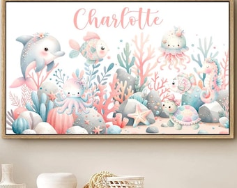 Girl Ocean Animals Wall Art, Under the Sea Nursery Wall Decor Set of 1 - Framed, Canvas, or Art Prints