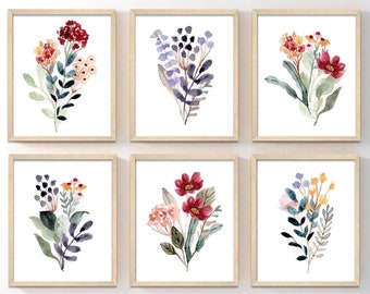 Watercolor Wildflowers Wall Art - Framed Wildflower Art Print - Wildflower Wall Decor - Bathroom Pictures - Wildflower Canvas Sets of 6