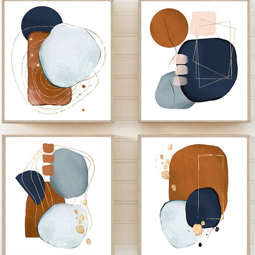 Modern Abstract Wall Art Navy Blue Rust Abstract Art Prints Etsy