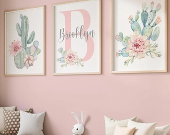 Cactus Floral Nursery Wall Art - Framed Floral Cactus Monogram Nursery Artwork Prints - Coral Mint Cactus Nursery Decor Canvas Set of 3