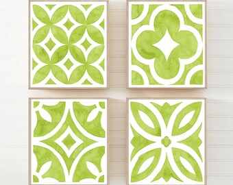 Lime Green Wall Art - Pattern Tile Bathroom Art Prints - Framed Lime Watercolor Shapes Prints - farmhouse Bathroom Decor Canvas Set of 4