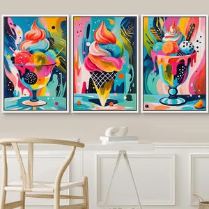 Arte de parede de sorvete: sobremesas coloridas, conjunto de decoração de cozinha maximalista com 3 peças - emolduradas, em tela ou com impressões artísticas