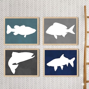 Fish Art Prints - Lake Fish Bedroom Wall Art - Lake House Fish Artwork - Baby Boy Fish Nursery Wall Decor - Fish Canvas Artwork Set of 4
