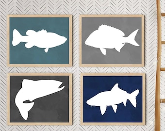 Fish Art Prints - Lake Fish Bedroom Wall Art - Lake House Fish Artwork - Baby Boy Fish Nursery Wall Decor - Fish Canvas Artwork Set of 4