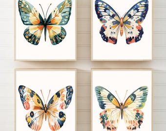 Butterfly Wall Art Set of 4, Colorful Butterfly Prints, Botanical Butterfly Decor, Cottagecore Artwork, Framed Nature Nursery Decor