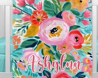 Preppy Floral Blanket - Bright Flower Baby Blanket - Personalized Girl Blanket - Colorful Floral Dorm Decor - Vibrant Baby Girl Shower Gift