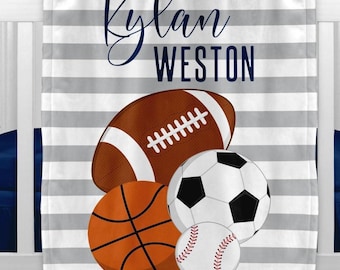 Personalized Sports Baby Blanket: Boy Nursery Decor, Shower Gift