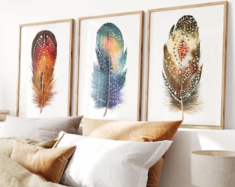 Feather Wall Art Decor Set of 3  - Framed, Canvas, or Art Prints WC