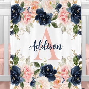 Navy Pink Floral Baby Blanket - Personalized Baby Girl Shower Gift