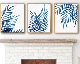 Blue Leaves Wall Art,  Tropical Art Prints, Framed Leaves Artwork, Simple Leaves Canvas Pictures, Blue Leaves Bathroom Wall Decor Set of 3