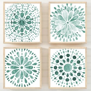 Mandala Wall Art - Stampa artistica con mandala ad acquerello - Opera con mandala verde acqua incorniciata - Decorazione da parete per bagno verde - Set di 4 tele per camera da letto verde