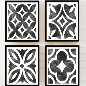 Mediterranean Tile Wall Art Set of 4 Black White