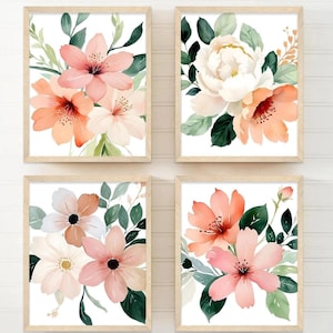 Coral Flower Wall Art - Peach Ivory Flower Art Print - Framed Floral Bedroom Wall Decor - Peach Floral Bathroom Pictures Sets of 4
