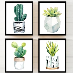 Stampa artistica con cactus incorniciata - Stampa artistica da parete con vaso di cactus e piante grasse - Quadri su tela con piante grasse e cactus - Set di 4 decorazioni da parete per camera da letto moderna