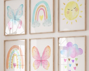 Rainbow Butterfly Wall Art - Watercolor Butterfly Rainbow Sunshine Print - Canvas Baby Girl Nursery Wall Art Decor Butterfly Sets of 6