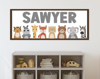 Personalized Boy Name Sign Wall Art - Safari Animal Art Print - Custom Framed Animal Wall Decor - Jungle Animal Canvas Picture Set of 1 One