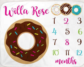 Personalized Name Donut Baby Milestone Blanket Sweet Pastry Sprinkles Doughnut Design for Boy or Girl Soft for Monthly Milestones