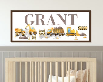 Personalized Boy Name Sign Wall Art, Construction Trucks Art Print, Framed Construction Wall Decor, Construction Canvas Picture Set of 1 One