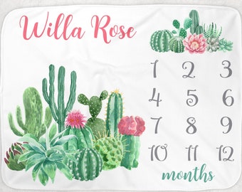 Girl Cactus Milestone Blanket, Personalized Baby Shower Gift, Cactus Baby Girl Milestone Blanket, Newborn Cactus Monthly Growth Chart Baby