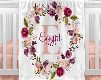 Baby Girl Floral Watercolor Blanket - Personalized Baby Shower Gift - Boho Floral Baby Girl Blanket - Monogram Newborn Baby Shower Gift