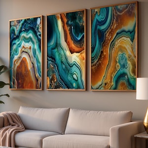 Bold Abstract Wall Art, Teal Green Blue Gold Agate Geode Prints, Framed Navy Teal Orange Marble Abstract Artwork Picture Canvas Set of 3