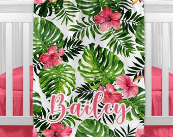 Couverture tropicale hibiscus, nom de fille floral tropical couverture personnalisée, cadeau fleurs tropicales pour bébé fille, literie florale tropicale pour chambre de bébé