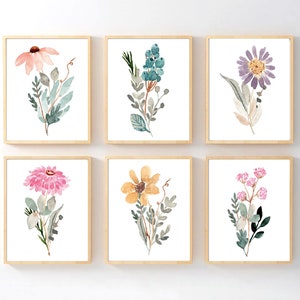 Watercolor Wildflowers Wall Art - Wildflower Art Prints - Framed Wildflower Wall Decor - Wildflower Bathroom Artwork Canvas Set of 6