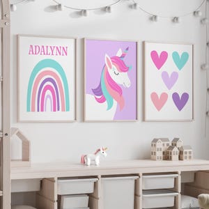 Regenbogen Einhorn Bilder - Regenbogen Einhorn Kunstwerk Drucke - Gerahmte Einhorn Herzen Kinderzimmer Wand Kunst - Herzen Regenbogen Dekor 3er Set