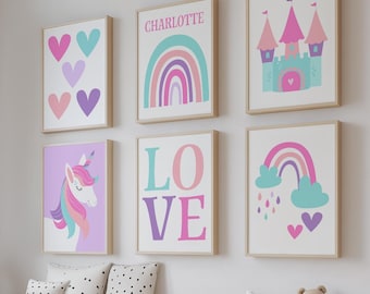 Unicorn Wall Art: Rainbow Castle Hearts Girl Bedroom Wall Decor, Set of 6 Framed, Canvas, or Art Prints