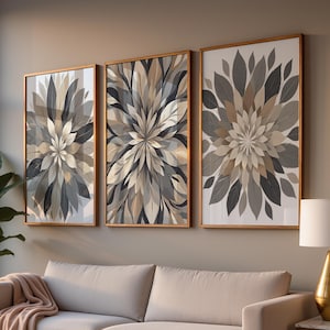 Beżowo-szara dekoracja ścienna z motywem kwiatowym - Brązowo-szara dekoracja ścienna do sypialni - Kwiatowy obraz z motywem kwiatowym - Zestaw 3 grafik do salonu