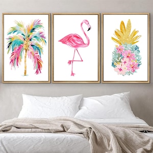Colorful Tropical Wall Art - Preppy Palm Tree Flamingo Pineapple Artwork - Beach House Canvas - Vibrant Palm Tree Flamingo Dorm Sets of 3