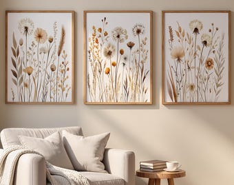 Boho Dandelion Wall Art - Wildflower Artwork Farmhouse Decor Set of 3 - Framed, Canvas, or Art Prints
