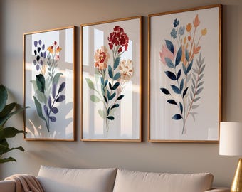 Wildflower Wall Art: Watercolor Botanical Floral Wall Decor - Boho Bedroom Set of 3 - Framed, Canvas, or Art Prints WC